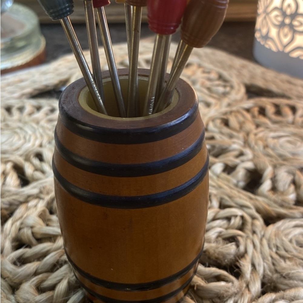Vintage MCM Wooden Barrel Holder with Colorful Picks